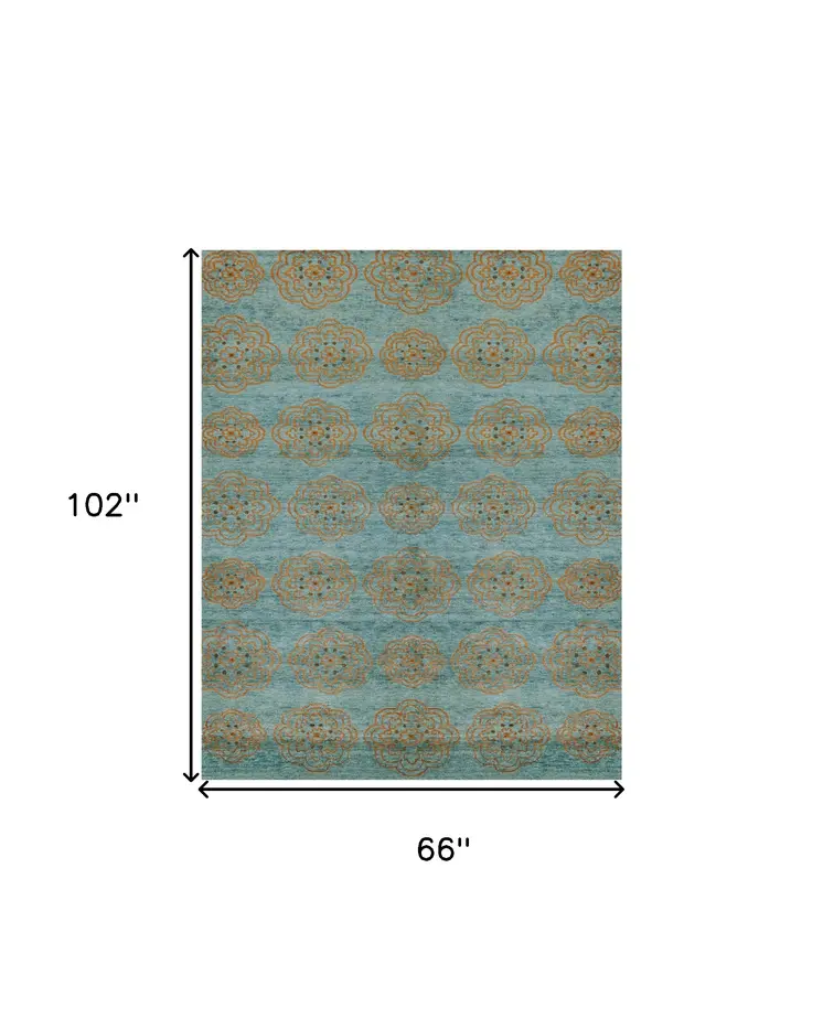 6' X 9' Green Blue and Taupe Floral Hand Knotted Worn Faded Area Rug