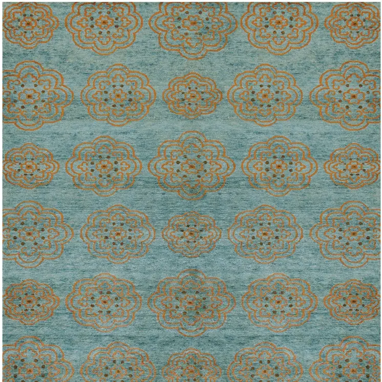 6' X 9' Green Blue and Taupe Floral Hand Knotted Worn Faded Area Rug