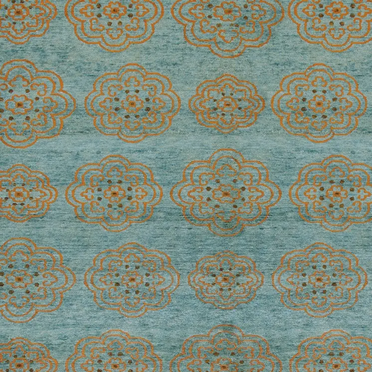 6' X 9' Green Blue and Taupe Floral Hand Knotted Worn Faded Area Rug