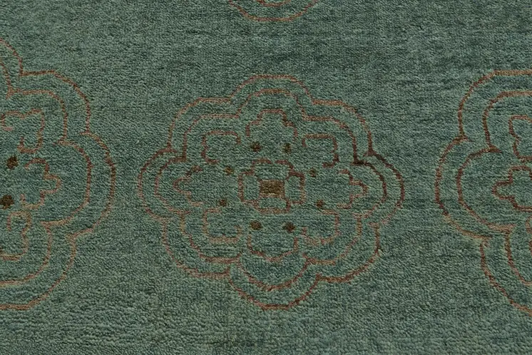 6' X 9' Green Blue and Taupe Floral Hand Knotted Worn Faded Area Rug