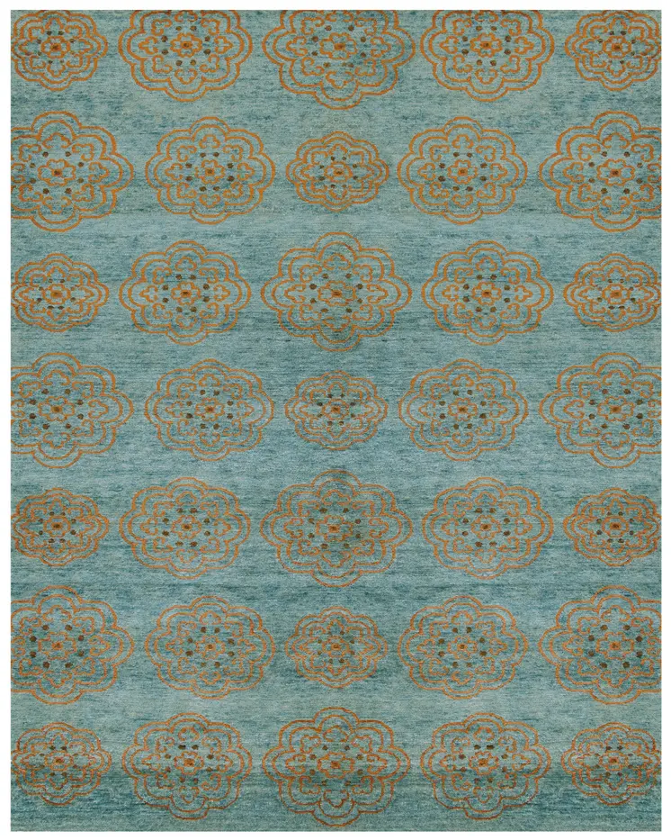 6' X 9' Green Blue and Taupe Floral Hand Knotted Worn Faded Area Rug