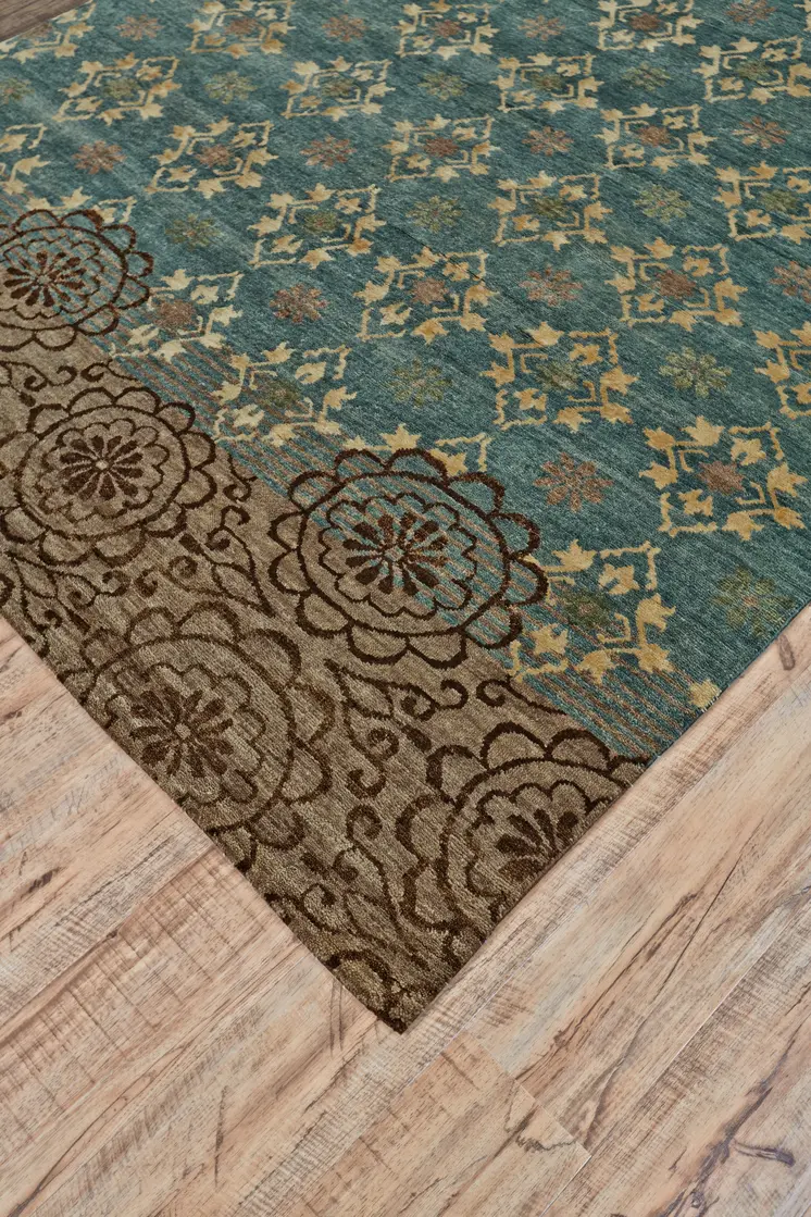 6' X 9' Green Blue and Brown Floral Hand Knotted Area Rug