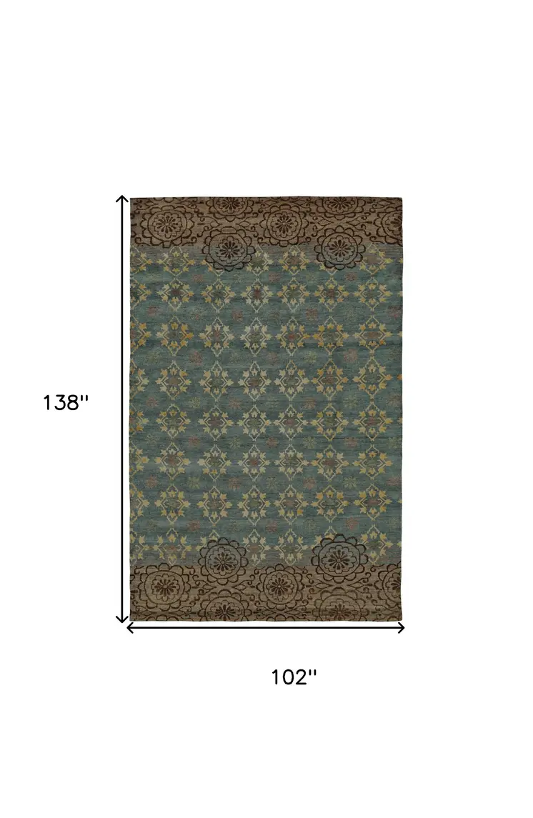 8' X 12' Green Blue and Brown Floral Hand Knotted Area Rug