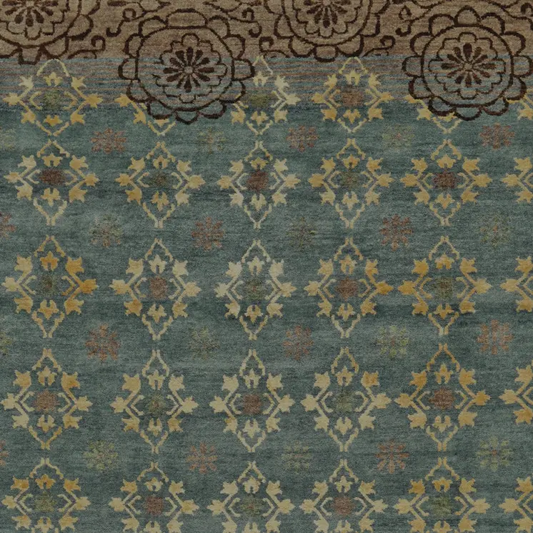 8' X 12' Green Blue and Brown Floral Hand Knotted Area Rug