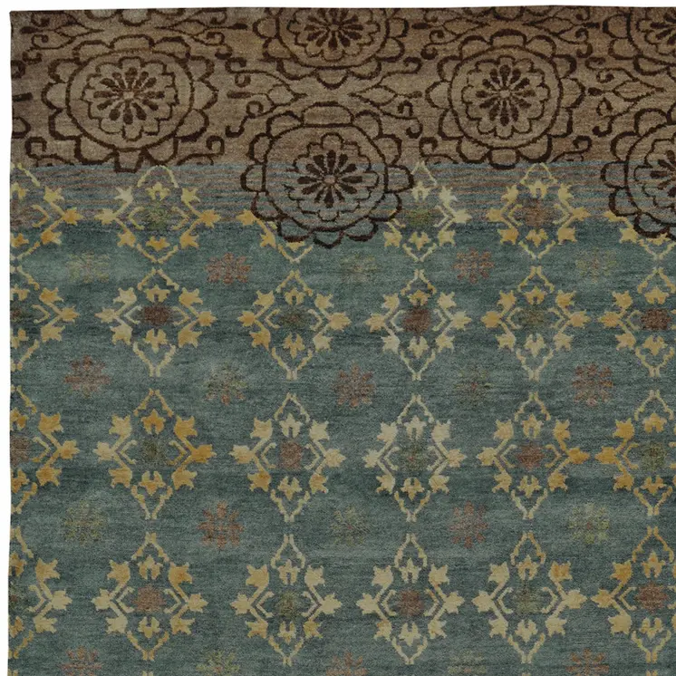 8' X 12' Green Blue and Brown Floral Hand Knotted Area Rug