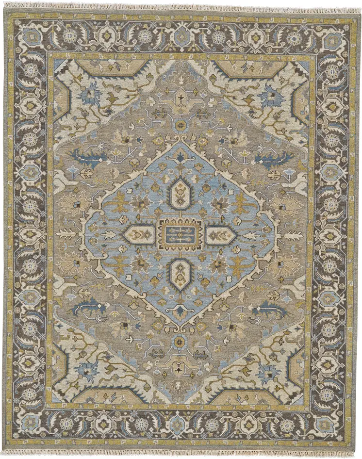 6' X 9' Blue Taupe and Tan Wool Oriental Hand Knotted Area Rug
