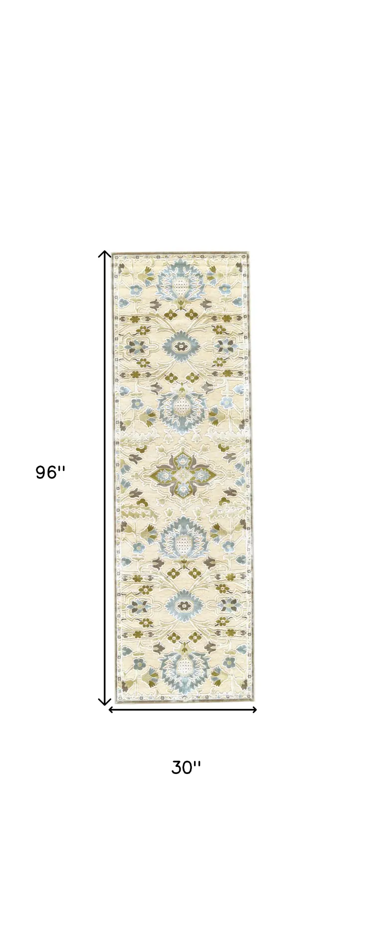 8' Tan Blue and Gray Floral Power Loom Worn Faded Runner Rug