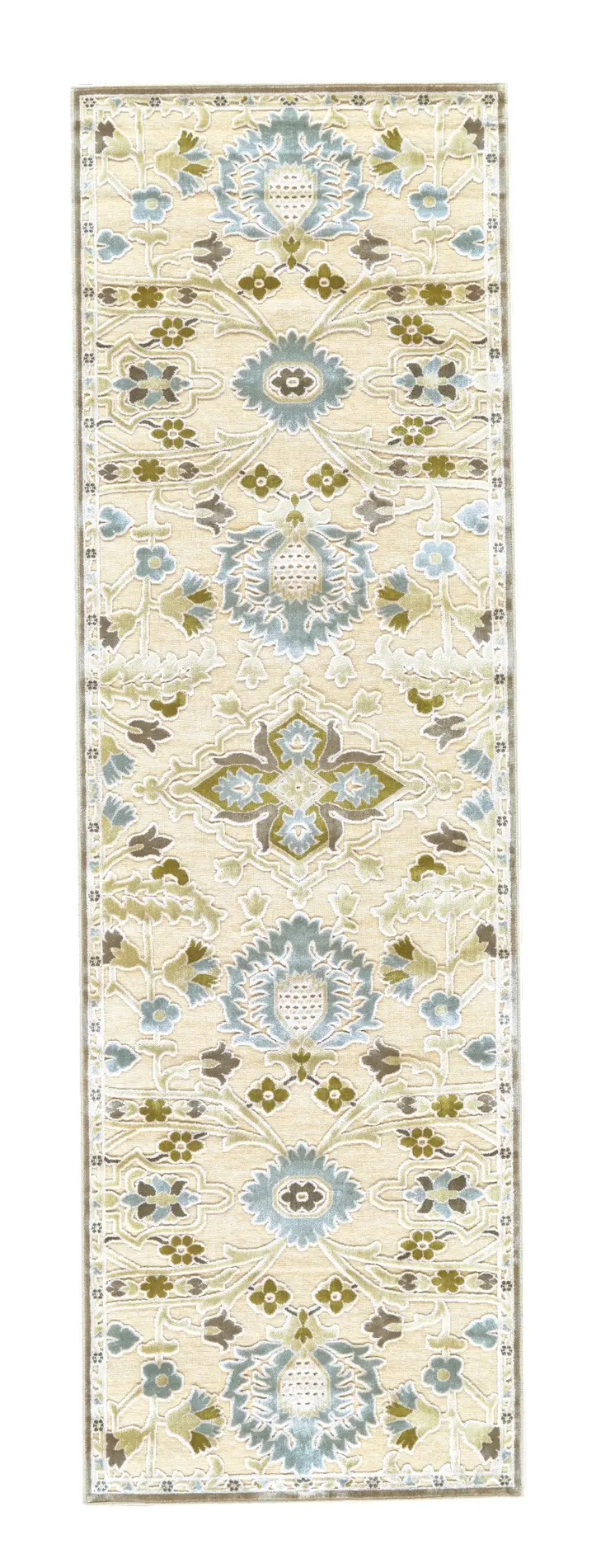8' Tan Blue and Gray Floral Power Loom Worn Faded Runner Rug