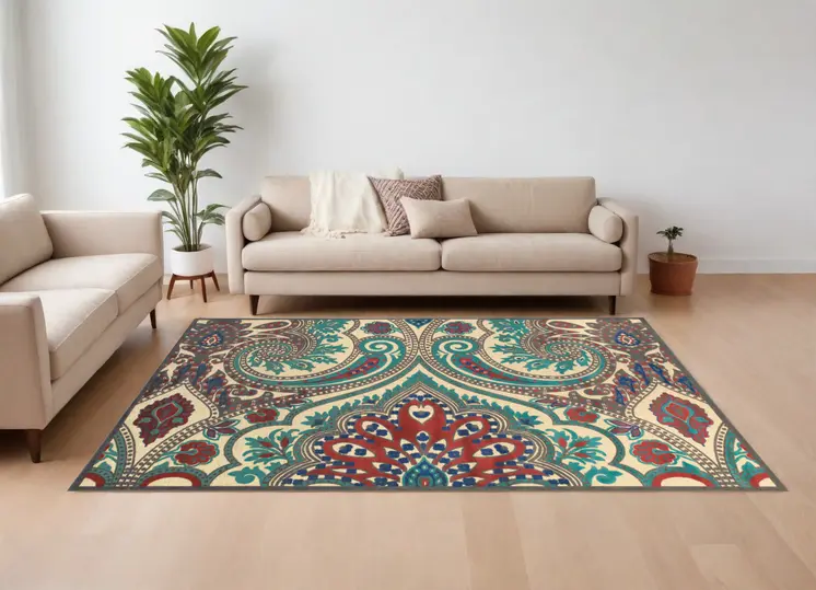 8' X 11' Tan Blue and Taupe Paisley Power Loom Area Rug