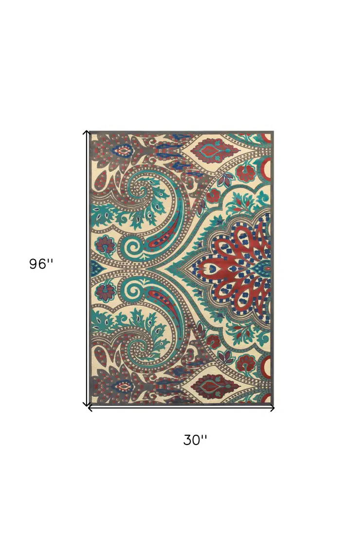 8' Tan Blue and Taupe Paisley Power Loom Runner Rug
