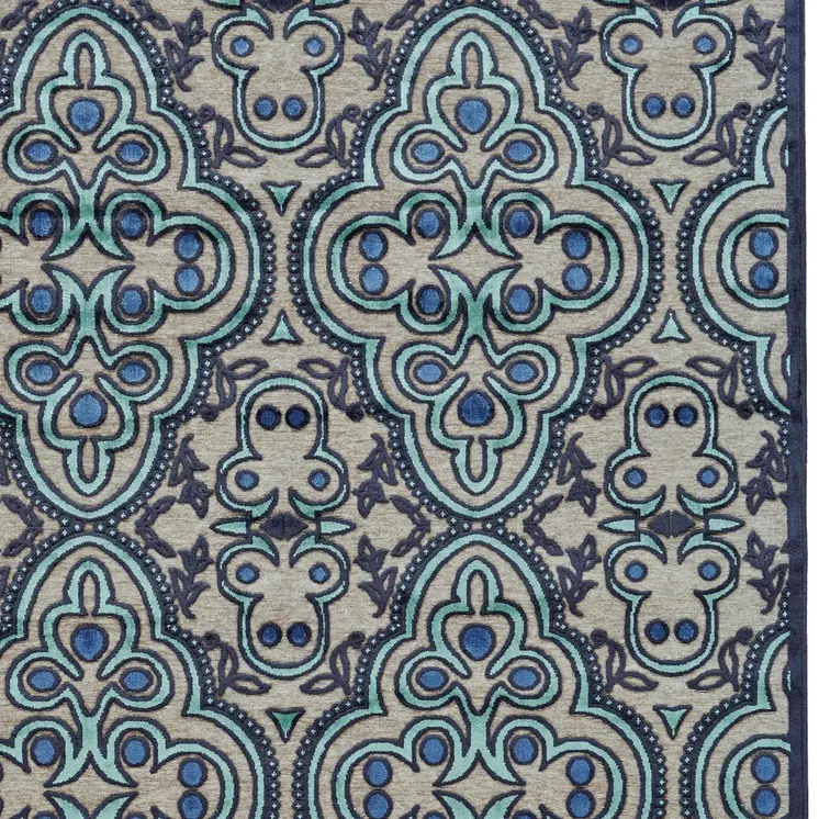 8' X 11' Tan Blue and Taupe Damask Power Loom Area Rug