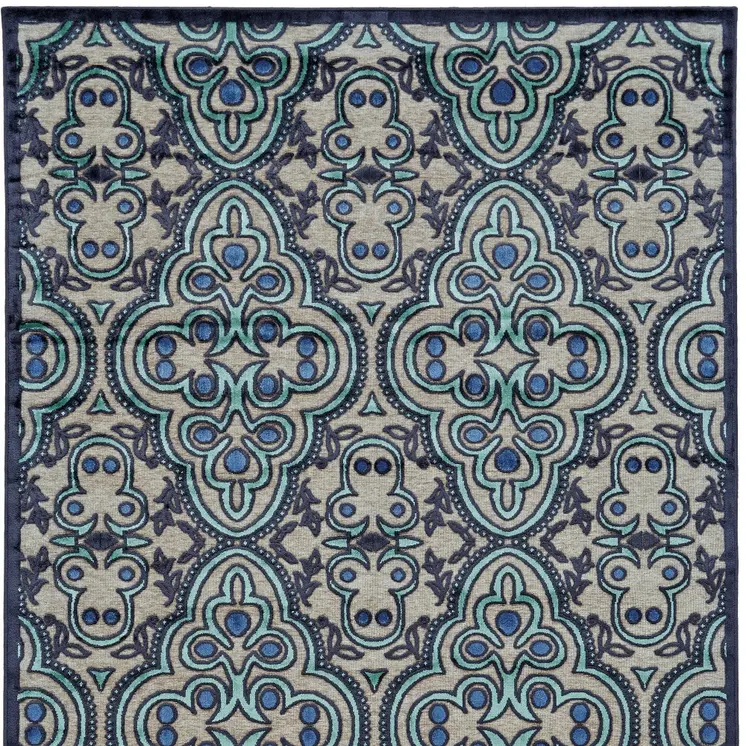 8' X 11' Tan Blue and Taupe Damask Power Loom Area Rug