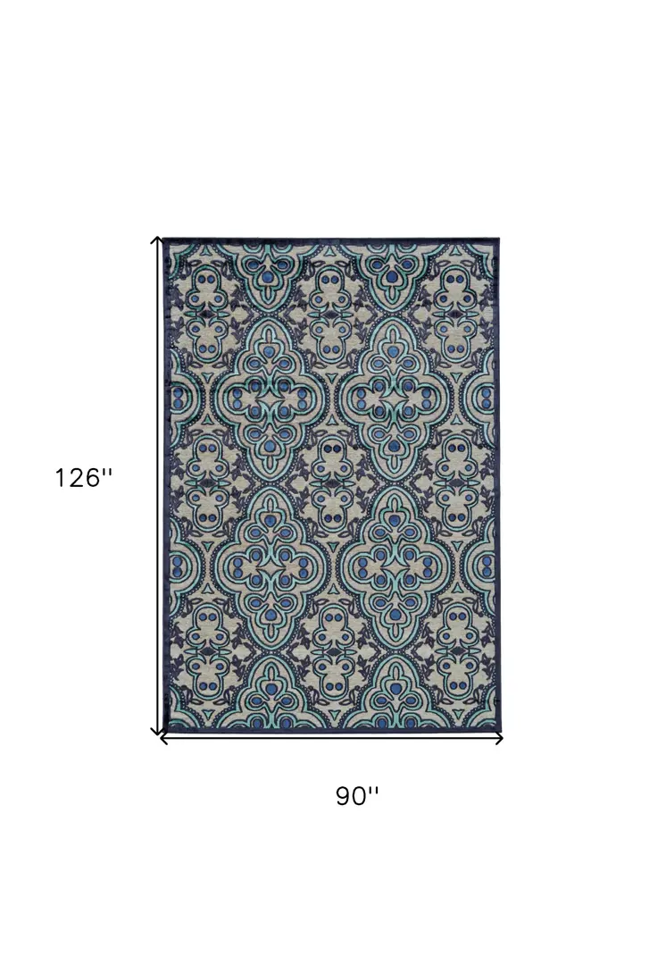 8' X 11' Tan Blue and Taupe Damask Power Loom Area Rug