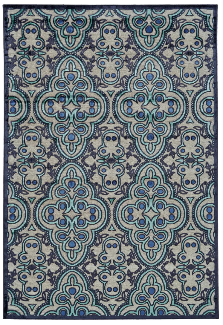 8' X 11' Tan Blue and Taupe Damask Power Loom Area Rug