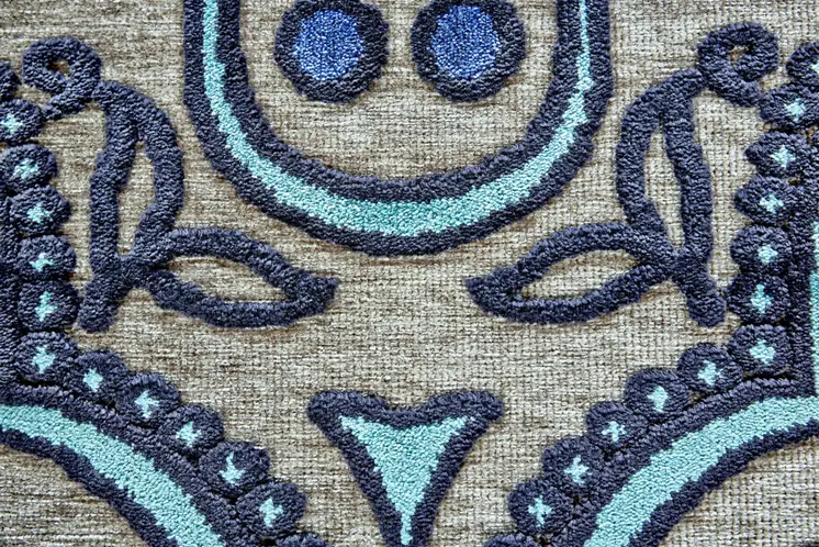 8' X 11' Tan Blue and Taupe Damask Power Loom Area Rug