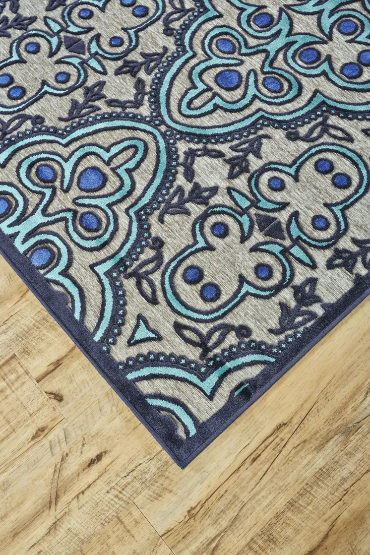 8' X 11' Tan Blue and Taupe Damask Power Loom Area Rug