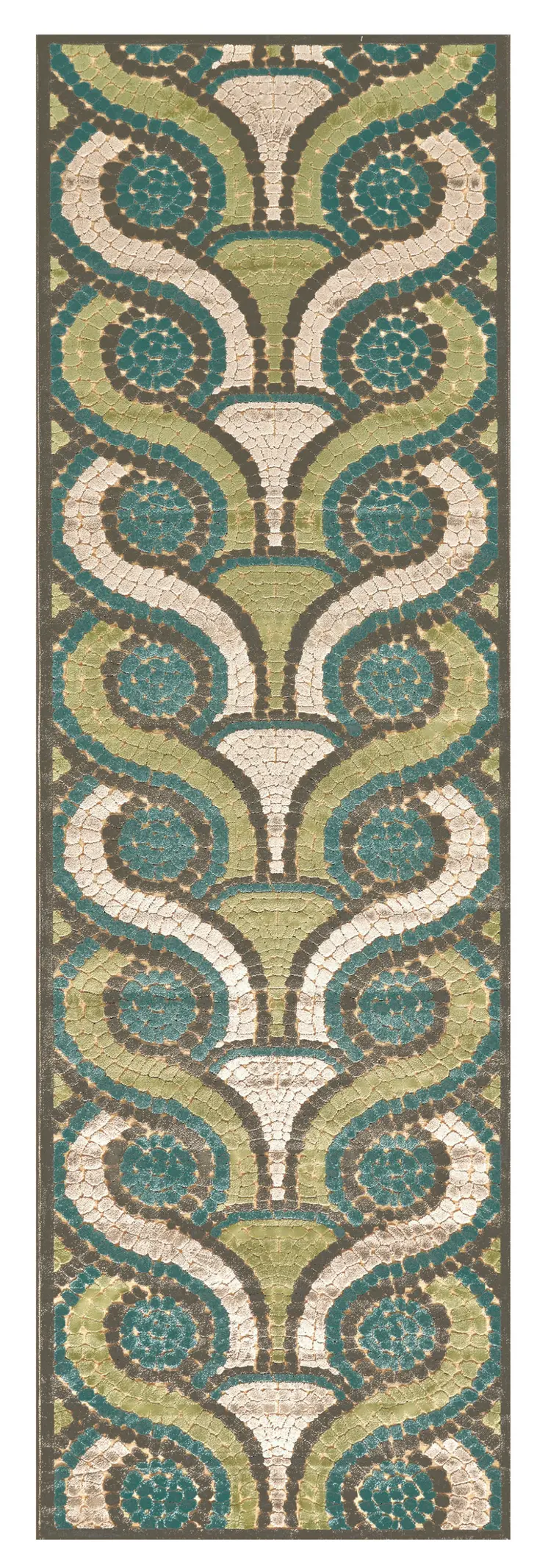 8' Tan Blue and Green Geometric Power Loom Runner Rug