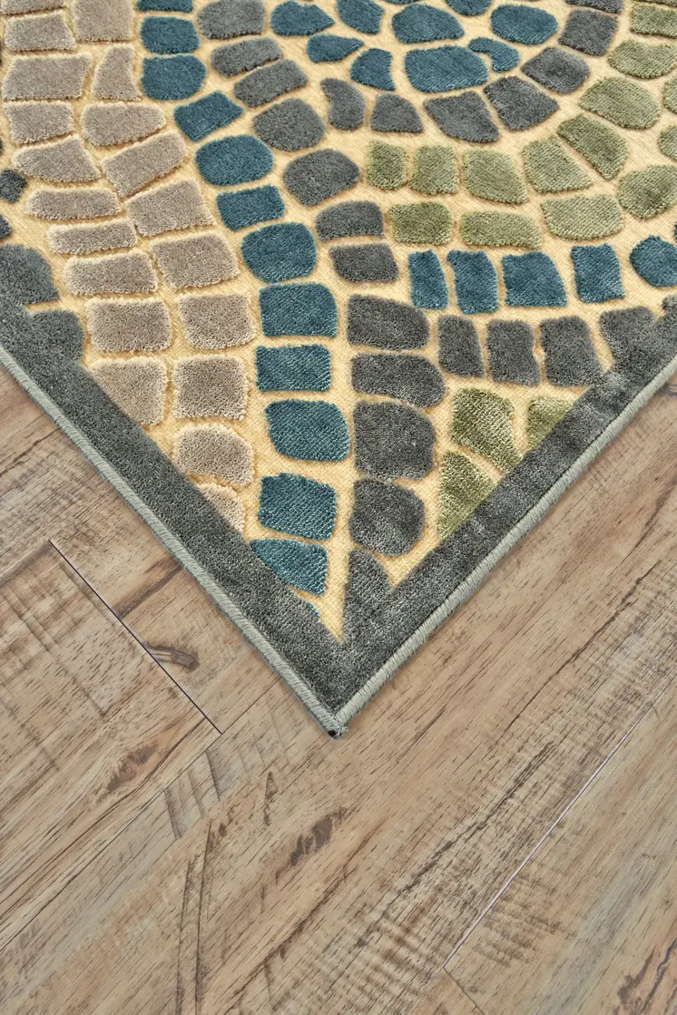 8' Tan Blue and Green Geometric Power Loom Runner Rug