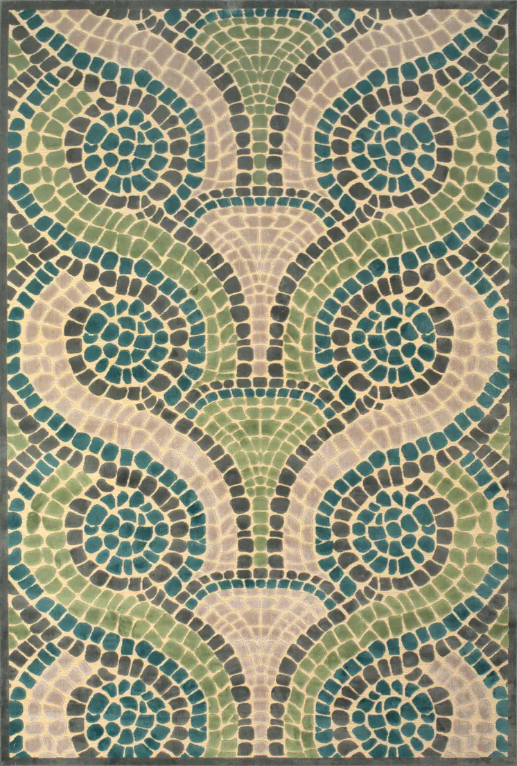 8' Tan Blue and Green Geometric Power Loom Runner Rug