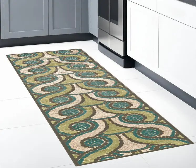8' Tan Blue and Green Geometric Power Loom Runner Rug