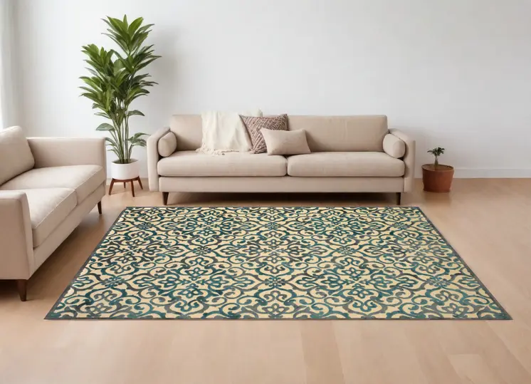 8' X 11' Tan Blue and Taupe Floral Power Loom Area Rug