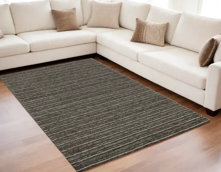 5' X 8' Brown and Ivory Wool Striped Hand Tufted Area Rug