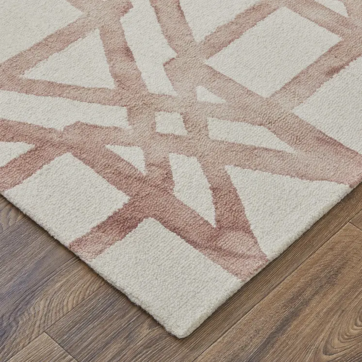 4' X 6' Ivory Pink and Tan Wool Geometric Hand Tufted Area Rug