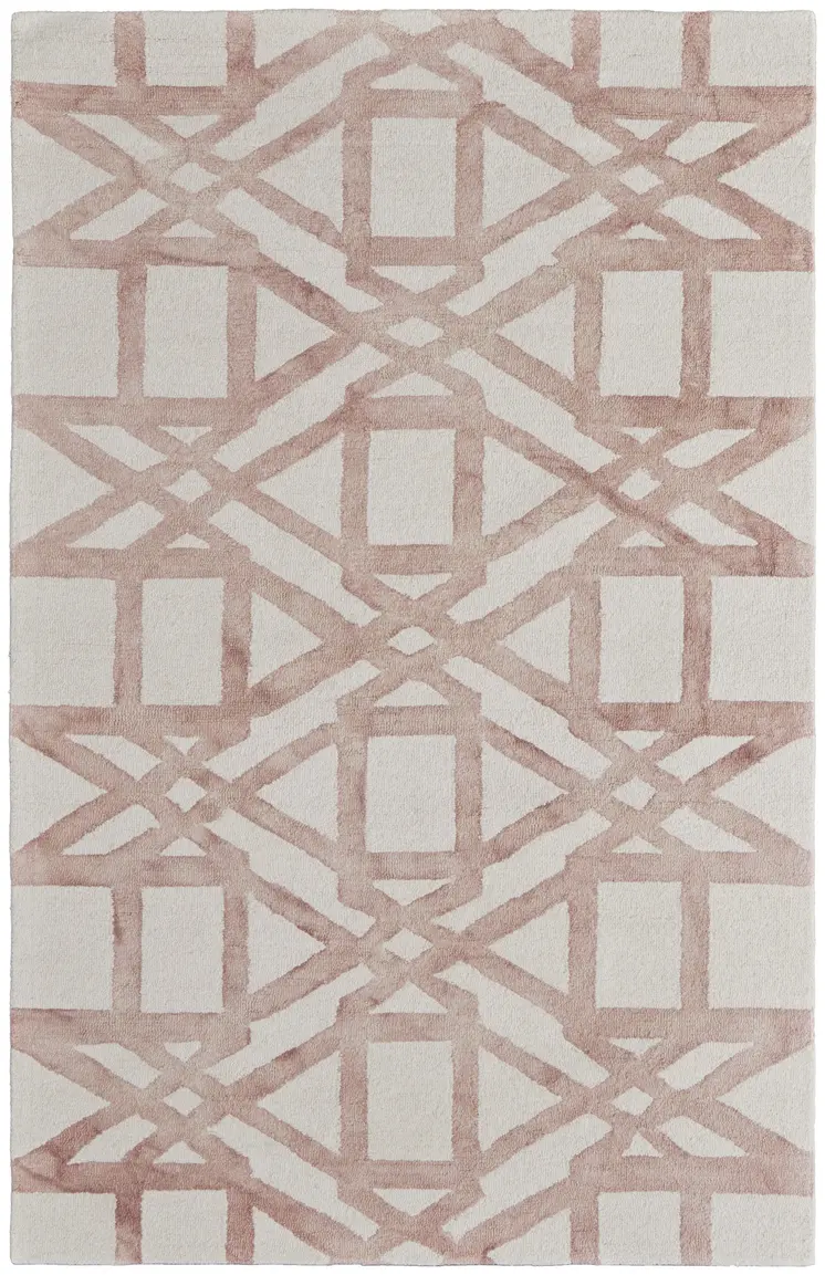 4' X 6' Ivory Pink and Tan Wool Geometric Hand Tufted Area Rug