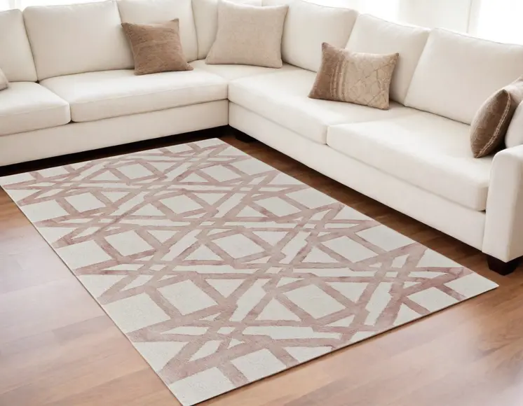5' X 8' Ivory Pink and Tan Wool Geometric Hand Tufted Area Rug