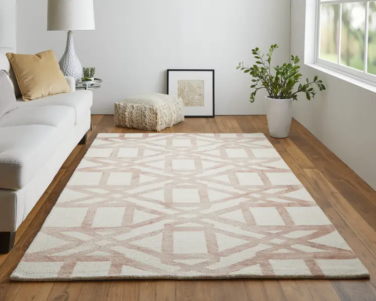 2' X 3' Ivory Pink and Tan Wool Geometric Hand Tufted Area Rug