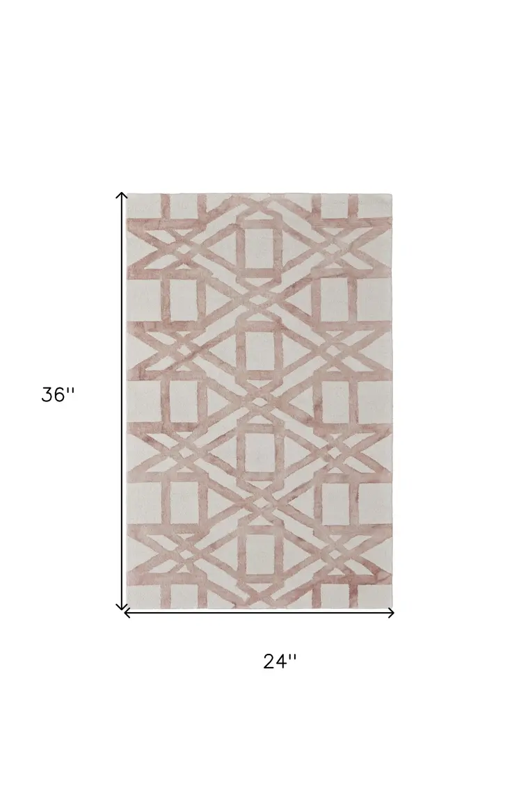 2' X 3' Ivory Pink and Tan Wool Geometric Hand Tufted Area Rug