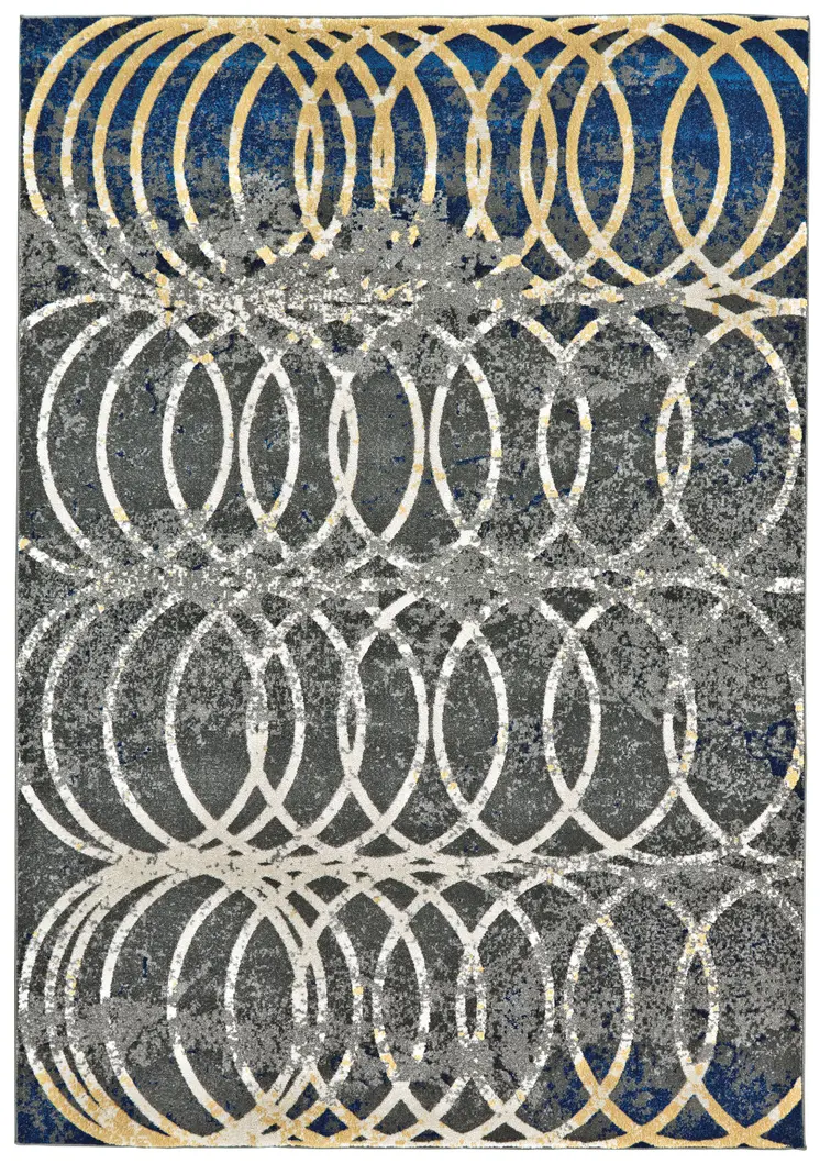10' X 13' Gray Ivory and Blue Geometric Power Loom Worn Faded Area Rug