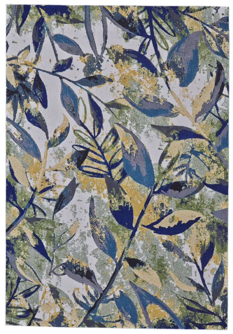 10' X 13' Green Blue and Ivory Floral Power Loom Worn Faded Area Rug