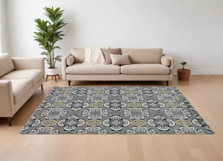 10' X 13' Gray Ivory and Yellow Damask Power Loom Area Rug