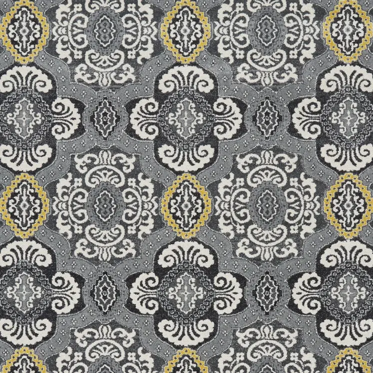 10' X 13' Gray Ivory and Yellow Damask Power Loom Area Rug