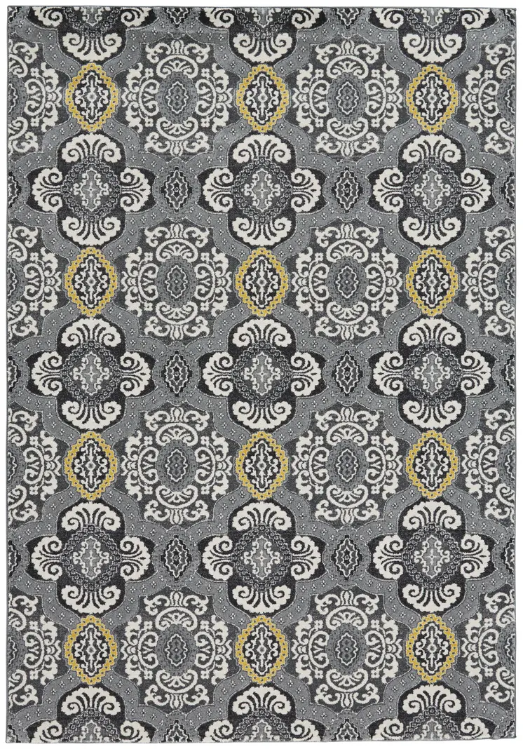 10' X 13' Gray Ivory and Yellow Damask Power Loom Area Rug