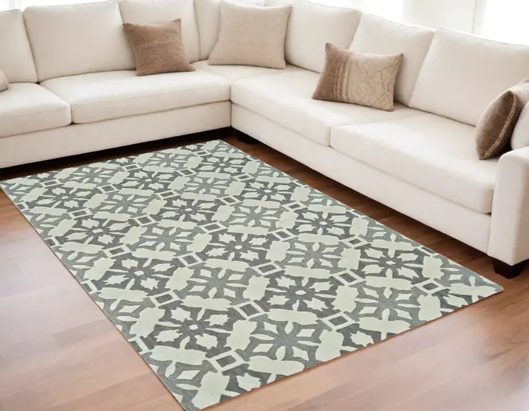 5' X 8' Gray and Ivory Wool Geometric Hand Tufted Area Rug