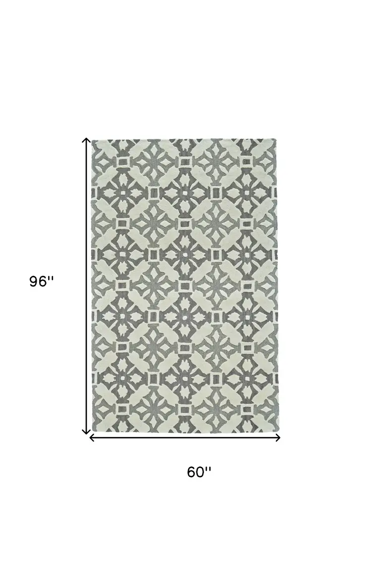 5' X 8' Gray and Ivory Wool Geometric Hand Tufted Area Rug
