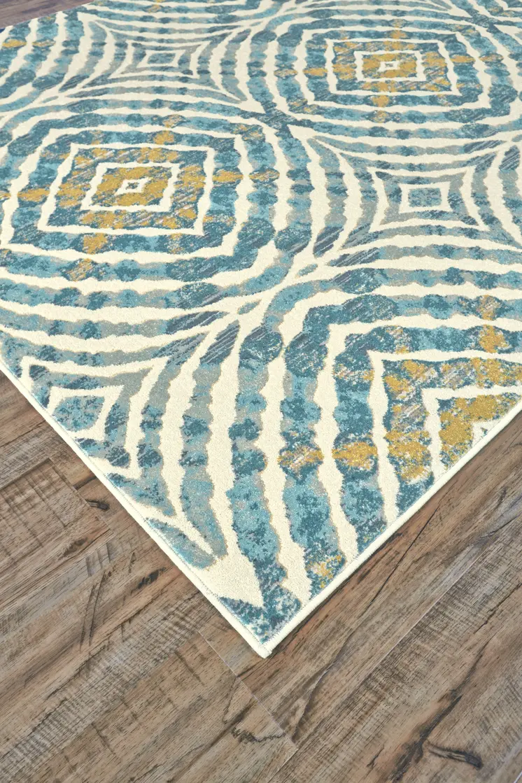 10' X 14' Blue Ivory and Yellow Abstract Power Loom Area Rug