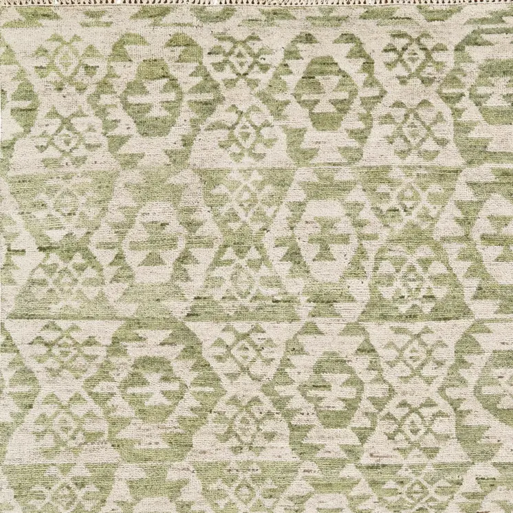 6' X 9' Green and Ivory Wool Southwestern Hand Knotted Area Rug