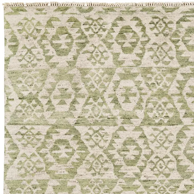 6' X 9' Green and Ivory Wool Southwestern Hand Knotted Area Rug