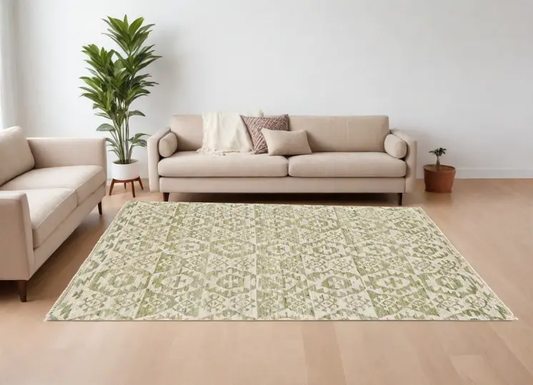 8' X 10' Green and Ivory Wool Southwestern Hand Knotted Area Rug