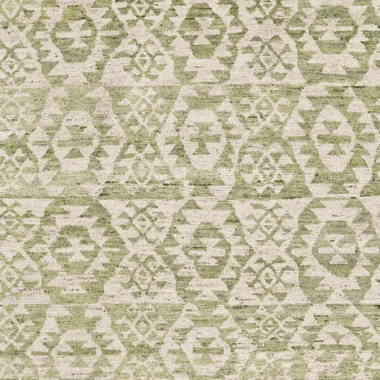 8' X 10' Green and Ivory Wool Southwestern Hand Knotted Area Rug