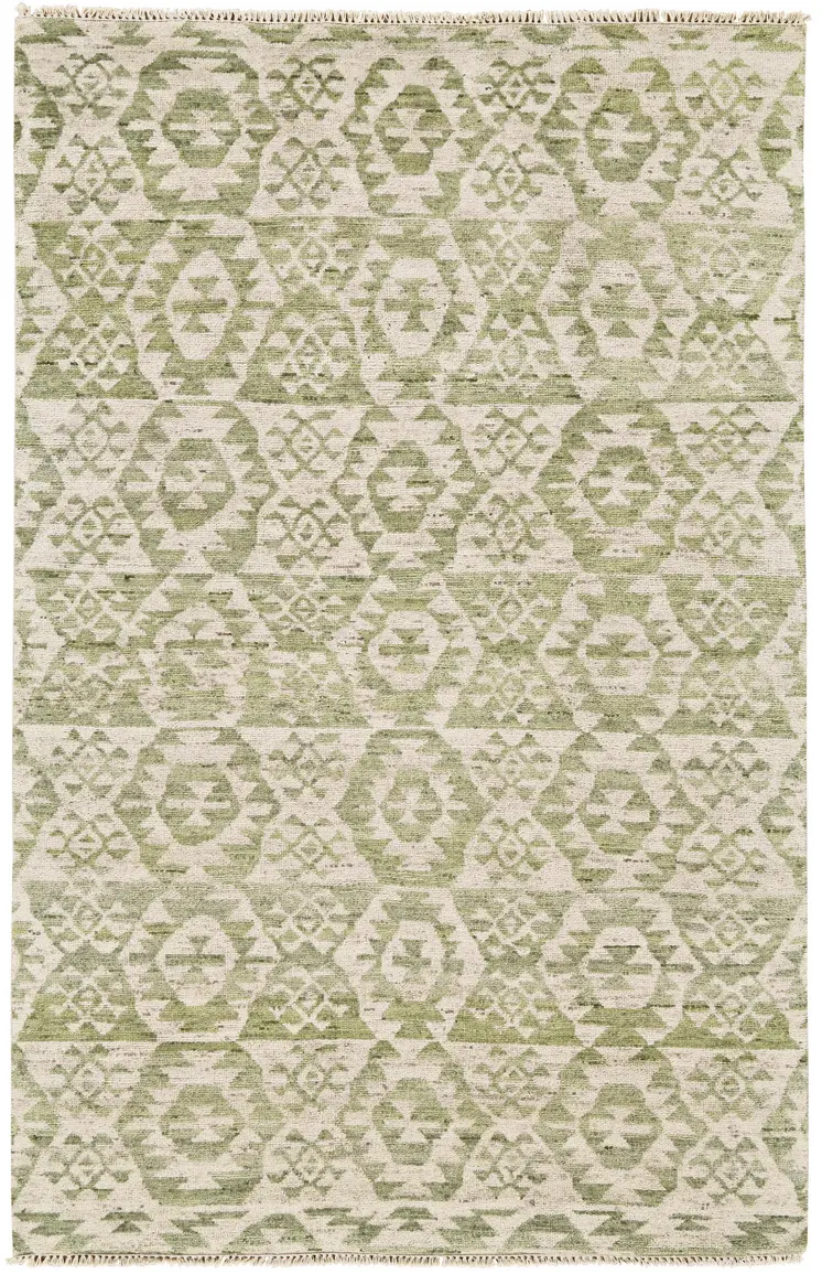 8' X 10' Green and Ivory Wool Southwestern Hand Knotted Area Rug