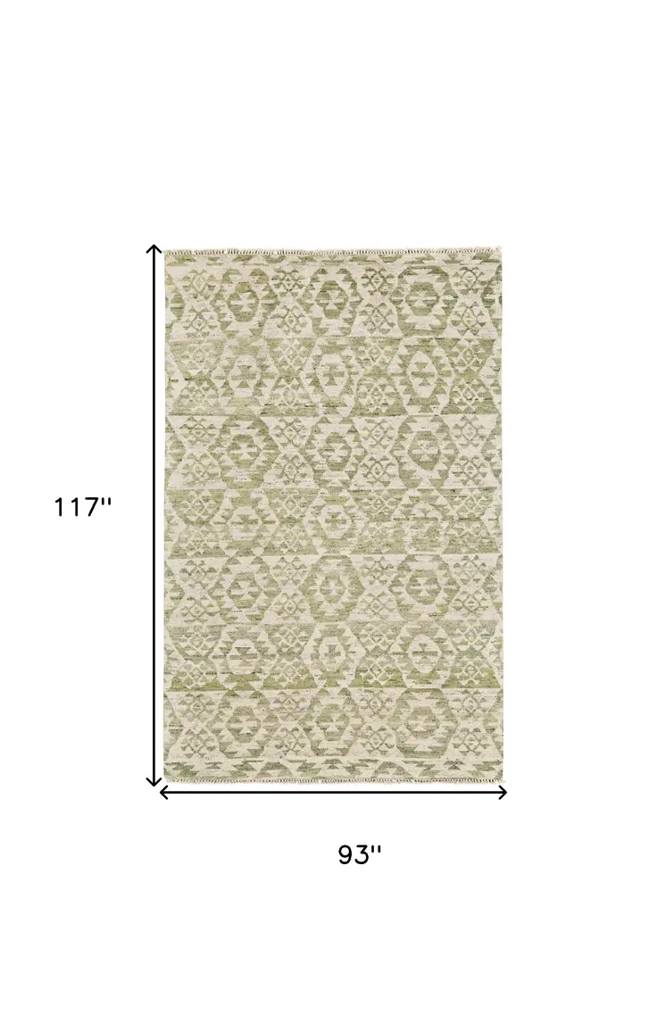 8' X 10' Green and Ivory Wool Southwestern Hand Knotted Area Rug