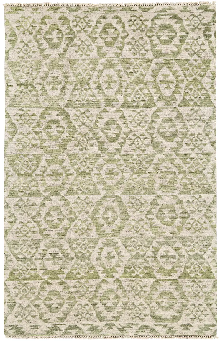 8' X 10' Green and Ivory Wool Southwestern Hand Knotted Area Rug