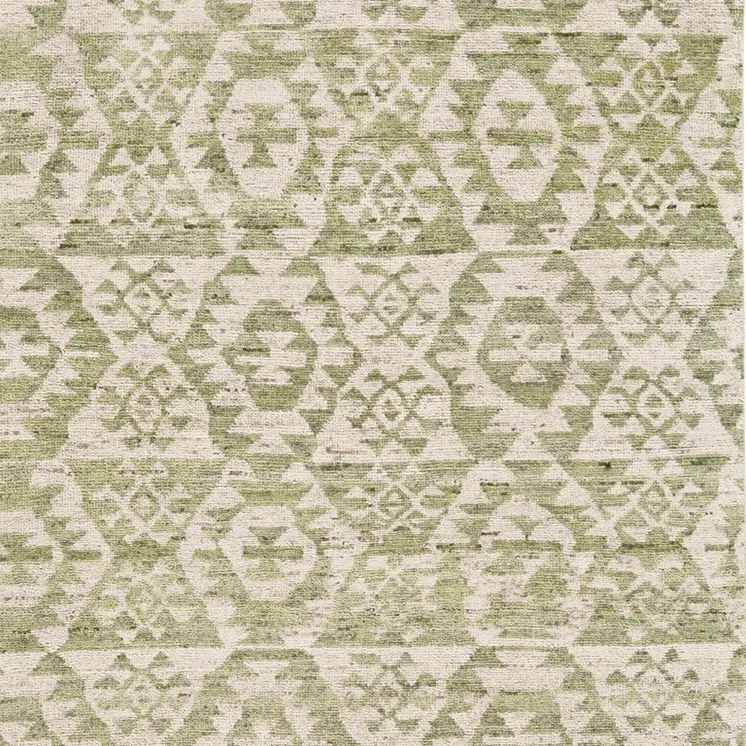8' X 12' Green and Ivory Wool Southwestern Hand Knotted Area Rug