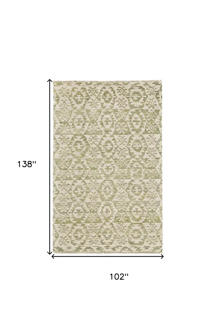 8' X 12' Green and Ivory Wool Southwestern Hand Knotted Area Rug