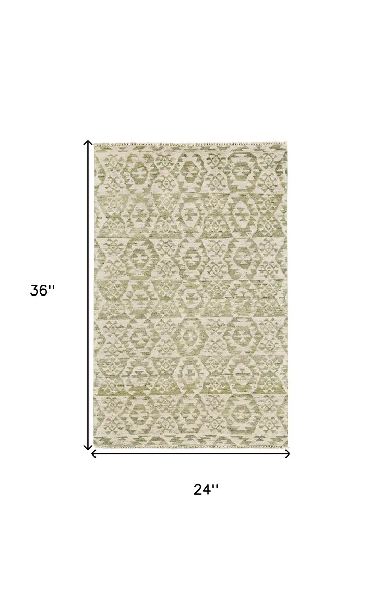 2' X 3' Green and Ivory Wool Southwestern Hand Knotted Area Rug