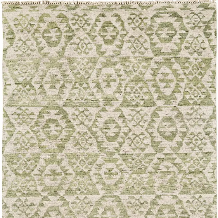 2' X 3' Green and Ivory Wool Southwestern Hand Knotted Area Rug